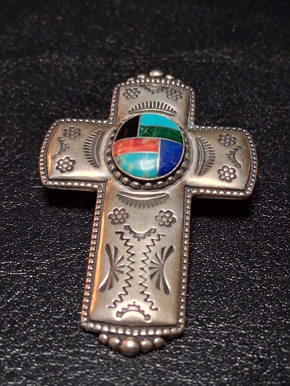 Carolyn Pollack Sterling Silver Southwestern Mosaic Inlay Cross Brooch Pin